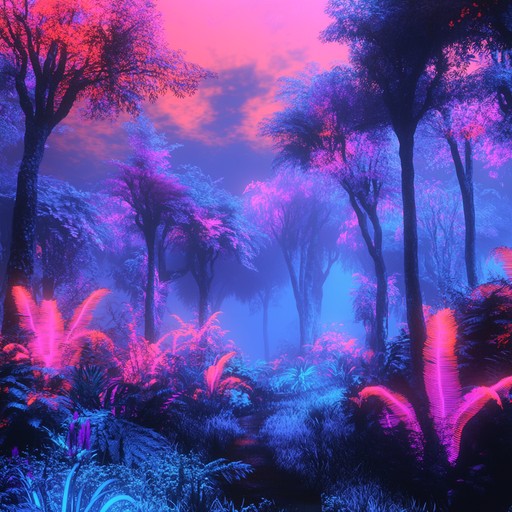 An electrifying 80s inspired synth track infused with the lush, exotic ambiance of a tropical rainforest. The intricate blend of electronic beats and natural sounds creates an immersive, energetic experience that transports listeners to a vividly imagined world.