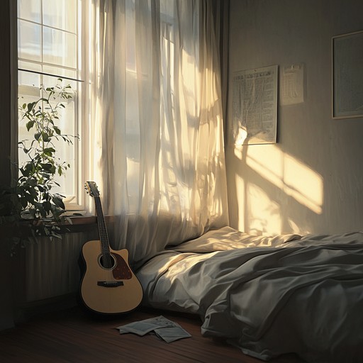 A minimalist instrumental track crafted with warm lo fi guitar melodies and subtle synth layers, designed to instill a sense of empowerment and self confidence within the intimate ambiance of a bedroom setting.