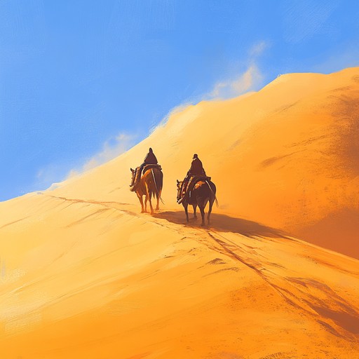 A mesmerizing musical adventure evoking a caravan crossing the serene, windswept dunes of an ancient desert, blending traditional middle eastern instruments with modern cinematic flair.