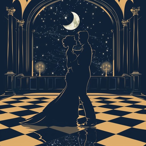 A dreamy blend of swing rhythm and soft, floating harmonies transporting listeners to an enchanting ballroom under a star filled sky, where couples dance gracefully, bathed in moonlight. Delicate brushwork on drums, gentle strumming of guitar, and subtle brass accents create a nostalgic yet otherworldly atmosphere.