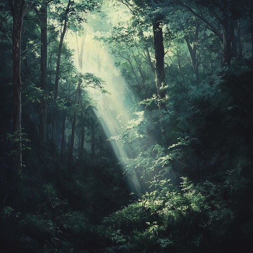 Imagine a dense, old forest where each tree whispers secrets of ancient times to the wandering listener. Accompanied by a haunting flute melody that echoes the mystical and slightly eerie atmosphere of a forest teeming with age old stories and spirits. The composition progresses from soft, whispering tones to a fuller, more vibrant celebration of nature's unseen mystical side by the climax.