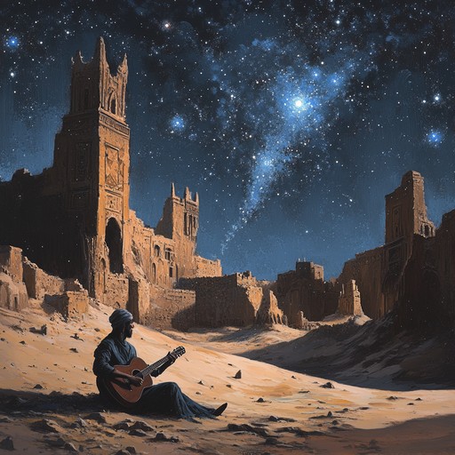 Embodying the essence of the desert, a lone troubadour’s melody on a classical guitar tells stories of ancient times. The exotic, enchanting scales capture the listener and convey a timeless narrative of mystery and nostalgia, creating an evocative aural tapestry