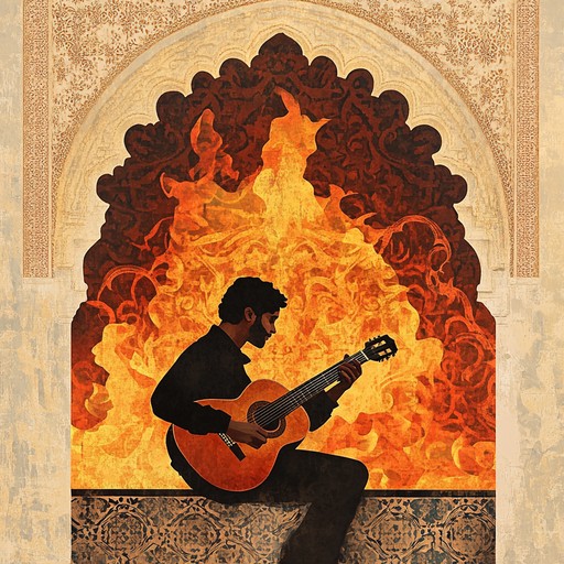 An intense instrumental featuring vibrant strumming and intricate fingerpicking of flamenco guitar, embodying the soulful depth and fiery passion of gypsy traditions in southern spain, evoking images of spirited dances under starry nights.