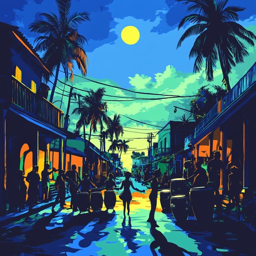 A high energy instrumental calypso track featuring vibrant steel drums and rapid percussion that captures the excitement of a thrilling night chase through the streets of a caribbean island.