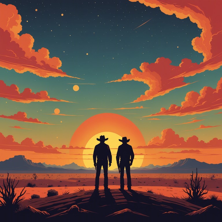 Imagine a musical journey that transports you to a climactic scene in the wild west as two foes face off in a deserted town, the sun setting behind them painting the sky with colors of fire. The dusty breeze and tense silence are captured by the lonesome sound of a harmonica, setting an atmosphere thick with anticipation and imminent danger.