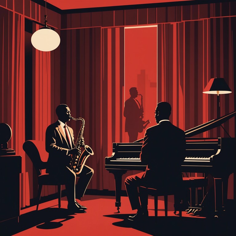 Imagine a dimly lit stage with velvet curtains, the air thick with anticipation and intrigue, as a single saxophone plays a seductive melody, captivating the audience in a late night jazz club. This composition blends smooth jazz elements with theatrical undertones to create a mesmerizing experience.