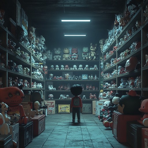 Dive into a nostalgic yet sinister toy store that beckons with playful but eerie toytronica sounds, blending childish melodies with sinister undertones for a spine chilling experience.