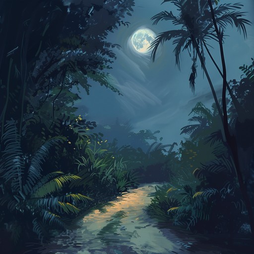 A dark, mysterious journey through an uncharted jungle where each step reveals an unknown threat, blending smooth bossa nova rhythms with eerie, shadowy tones.