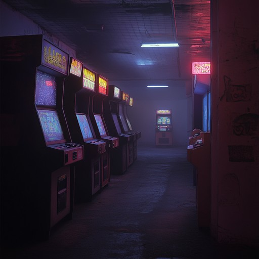 Synthesizers create an unsettling atmosphere reminiscent of abandoned arcades, blending eerie melodies with 80s lo fi elements, evoking forgotten pixelated memories and lurking shadows.