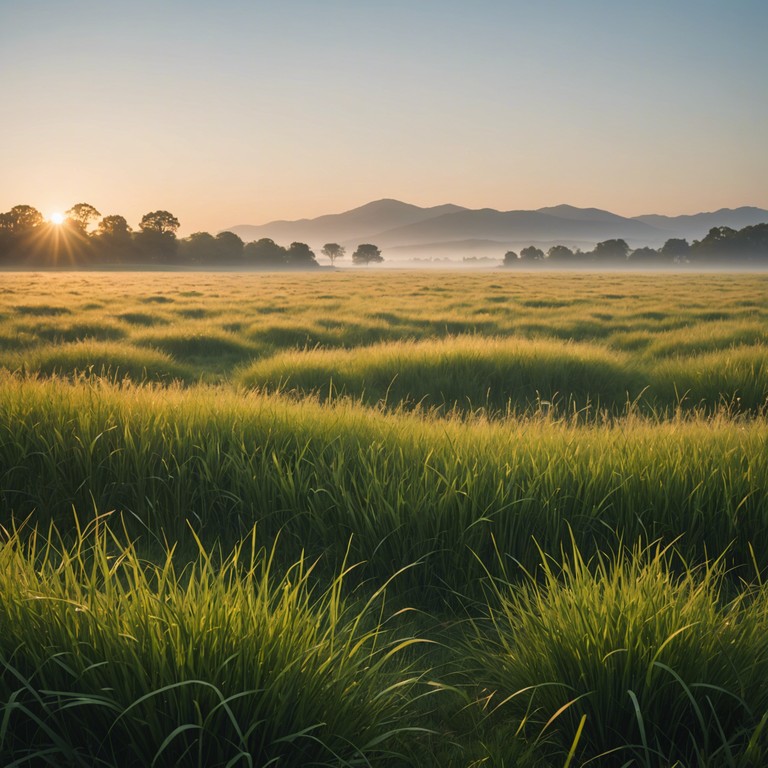 Picture a vast, calming scene; a gentle melodies resonate with the soul of kentucky grasslands at dawn. Occasional chord plucks resemble soft whispers of the wind through trees, elevating a sense of peace and rustic beauty.