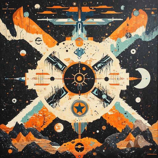 A powerful fusion of futuristic synthesized beats and primal tribal rhythms, combining aggressive electronic sounds with ancient percussion to create an intense and gripping auditory journey. The track features layers of synthesized pulses, throbbing basslines, and intricate hand drum patterns, evoking images of an interstellar clash of civilizations