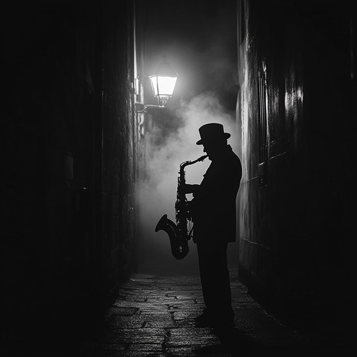 A swing track filled with ominous notes and haunting harmonies, echoing through the dark alleys of an abandoned city. Horns and double bass intertwine in a spine chilling dance, creating a macabre yet captivating atmosphere. Perfect for crime noir or suspenseful scenes.