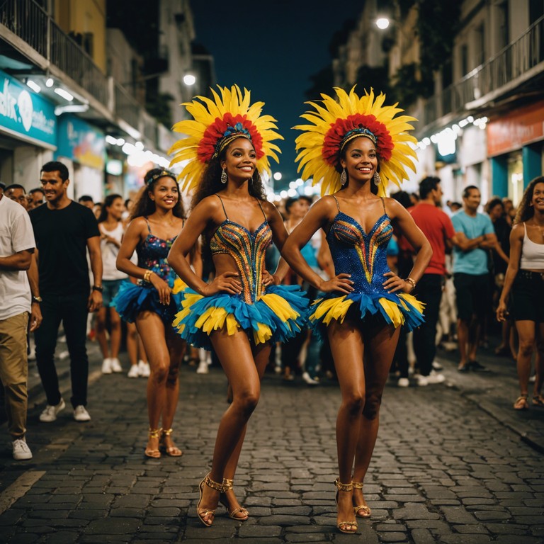 A vibrant and energetic track blending traditional brazilian samba rhythms with modern electronic elements, creating a festive atmosphere perfect for nighttime celebrations under a starry sky.