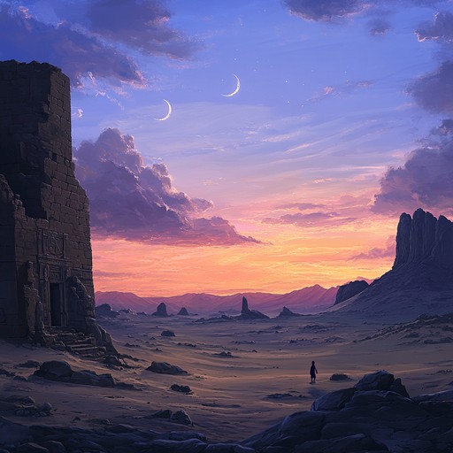 An instrumental piece that takes listeners on an epic journey through the mystical landscapes of the middle eastern desert, featuring dramatic and evocative musical elements. The piece uses modern production techniques to create an immersive experience that blends traditional middle eastern sounds with contemporary cinematic influences.