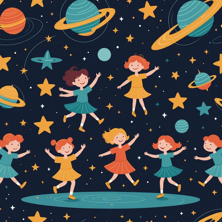 A cheerful and futuristic instrumental track designed for children, featuring a whimsical journey through imaginary planetary landscapes. The lush sounds evoke a sense of wonder and exploration among the stars with playful rhythms and twinkling effects.