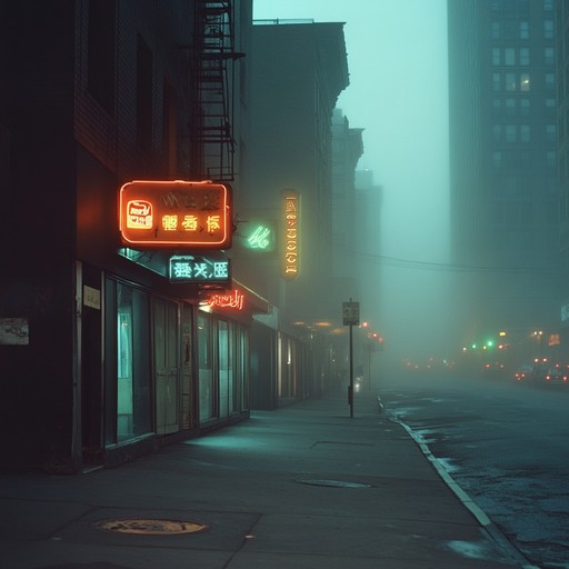 An instrumental track blending eerie synths and mechanical beats to evoke a futuristic cityscape bathed in neon lights and shadows.