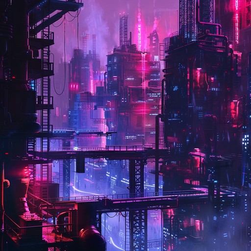 Gritty synthesizer beats creating an intense, industrial soundtrack perfect for night scenes in a neon lit city. The raw, dark atmosphere pulsates with dynamic energy, reflecting urban grit and intensity.