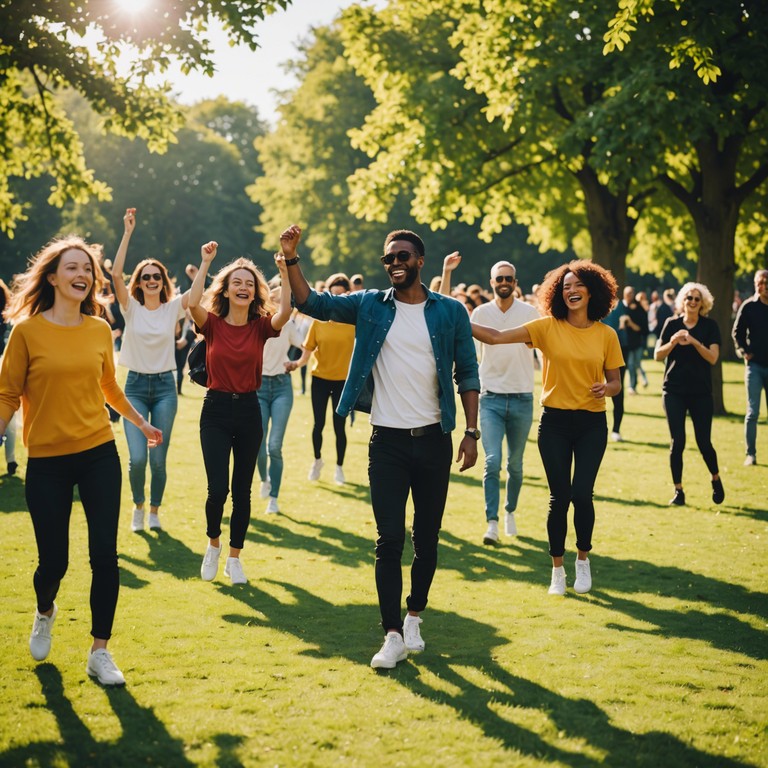 A lively instrumental track embodying the joyous essence of summer days, featuring rhythmic swing beats that transport listeners to a festive scene of open air dance floors and carefree spirits. The music perfectly captures the ambiance of a sunny afternoon with friends, dancing without a care.