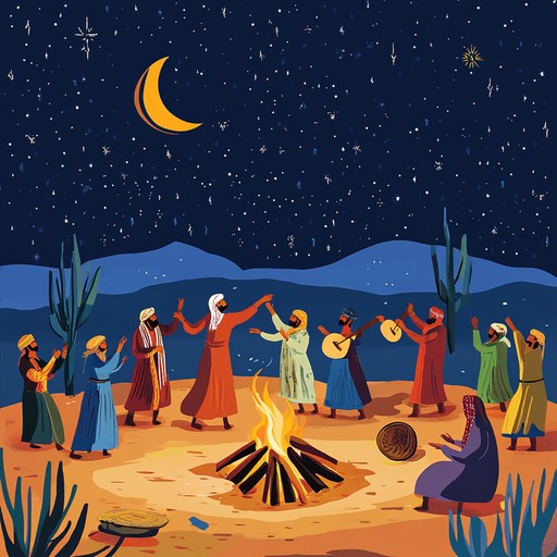 An instrumental track featuring vibrant middle eastern melodies and lively rhythms, capturing the excitement and energy of a desert festival under the stars. The song weaves traditional middle eastern instruments with modern beats, creating an exhilarating fusion that invites listeners to dance and celebrate.